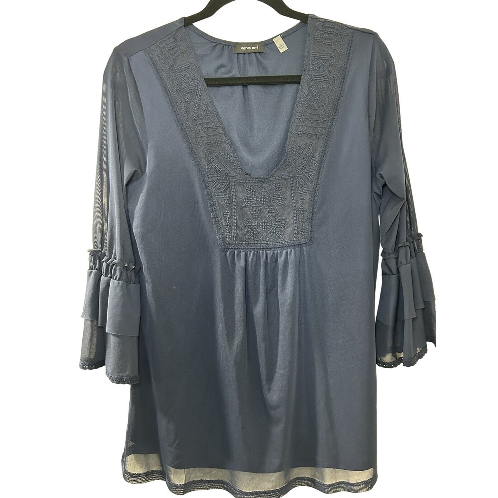 Verve Ami Black Embroidered Mesh Tiered Ruffle Sleeve Boho Blouse Large Witchy